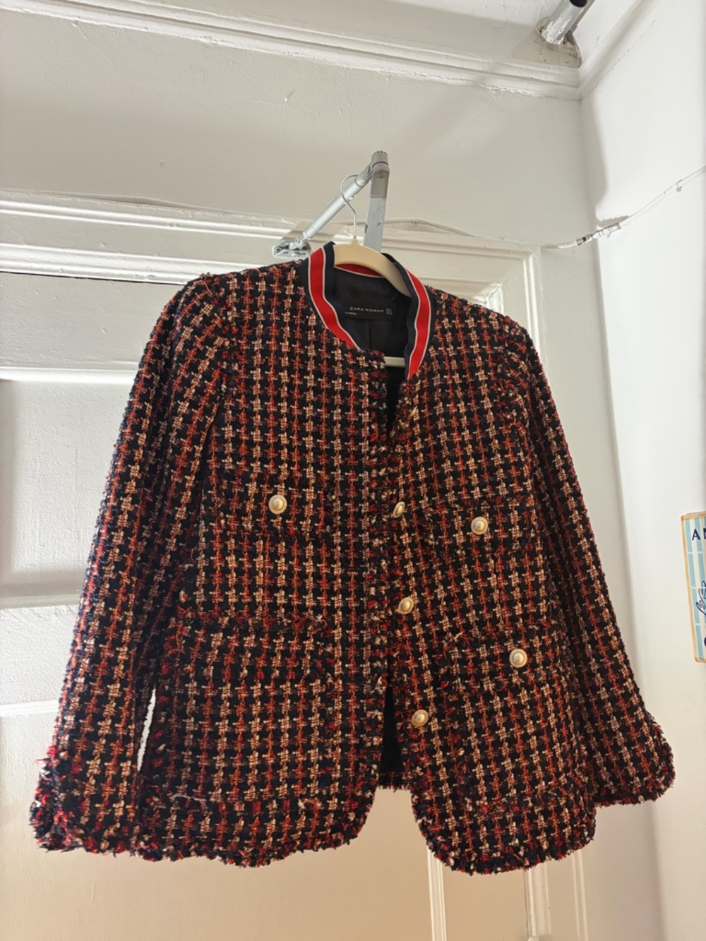 Zara - Navy & Red Tweed Jacket with Pearl Buttons